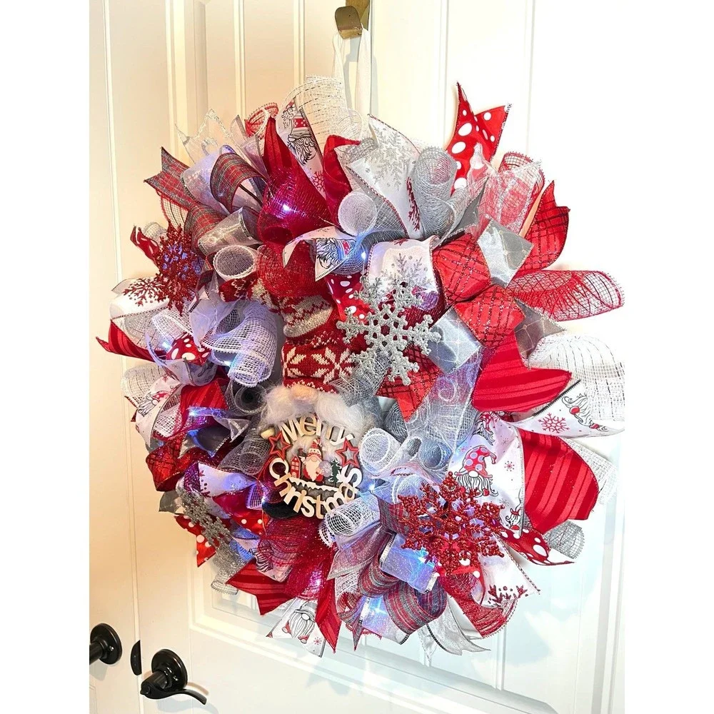 Handmade Christmas Gnome Holiday Ribbon Door Wreath 22 ins LED W39